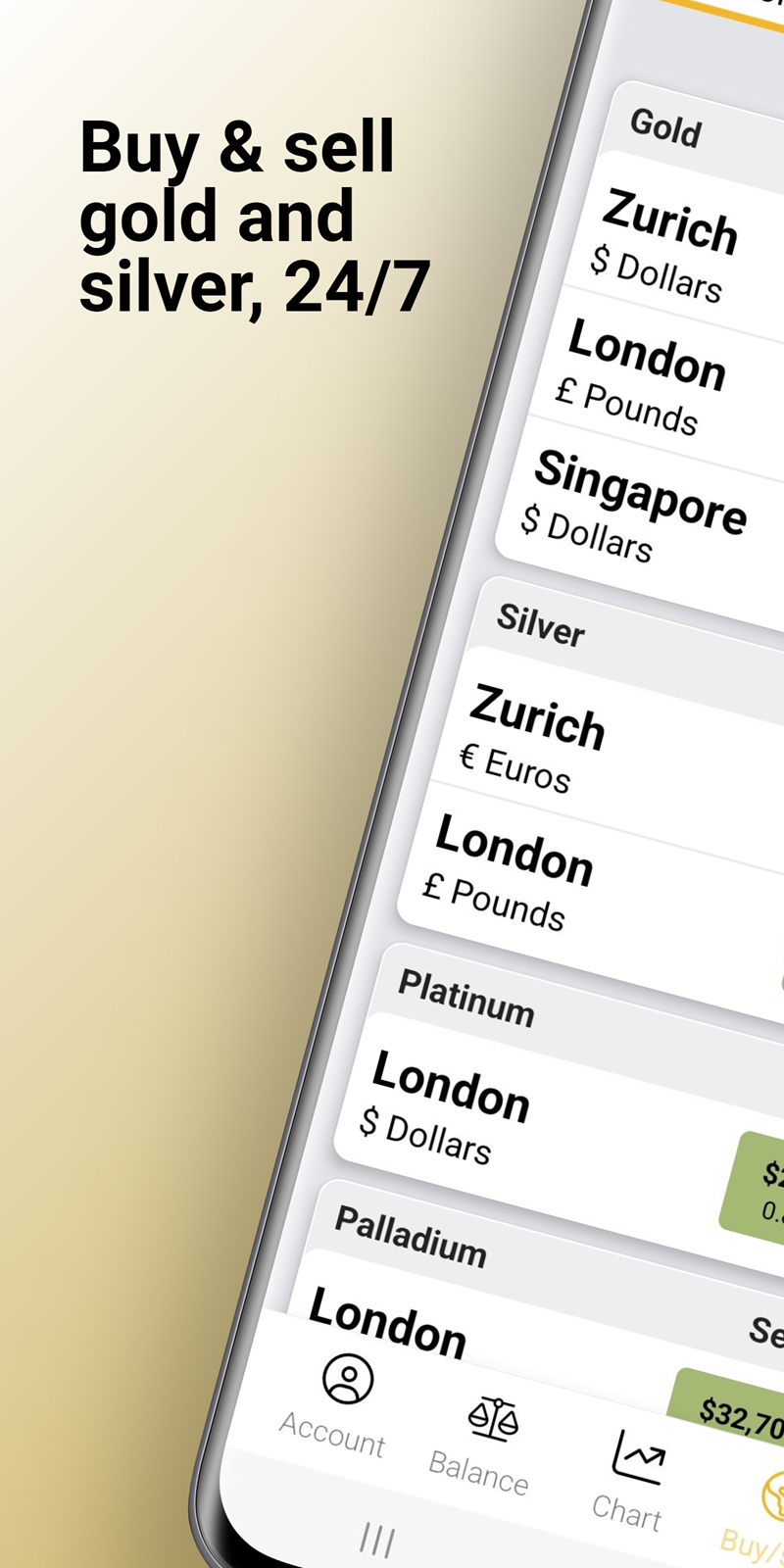 Buy and sell gold, silver, platinum and palladium 24/7 on the BullionVault Apps.